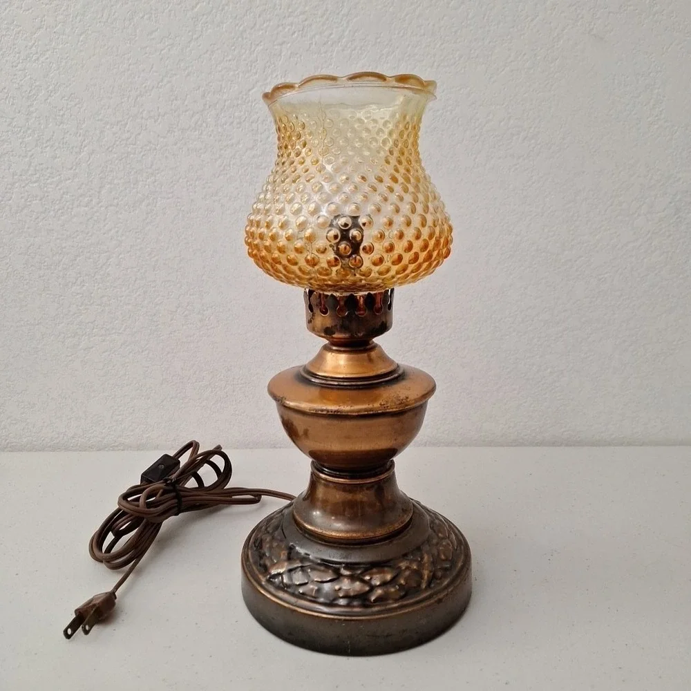 Victorian Style Vintage Table Hurricane Lamp COPPER BASE & AMBER HOBNAIL SHADE